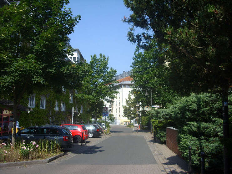 Groweidenmhlstrae, kurz vor der Einmndung des Strchens Am Johannisfriedhof. Im Bildvordergrund links zweigt der Uferweg zur Pegnitz ab. (Juli 2013)