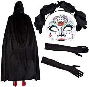 Damen Mexikanisch Zuckerschdel Tag Der Toten Halloween Kostm - Maske/Stirnband/Velvet Umhang/Spitzenhandschuhe - Maria 