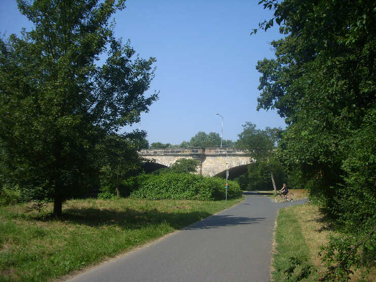 Blick von den Pegnitzauen auf die Johannisbrücke (Juli 2013)