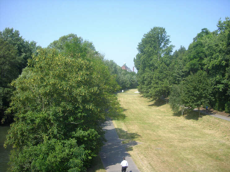 Blick von der Johannisbrücke auf die Pegnitzauen, Blickrichtung flußabwärts. Im Hintergrund erkennt man das Dach des Dürer-Gymnasium in der Sielstraße. (Juli 2013) 