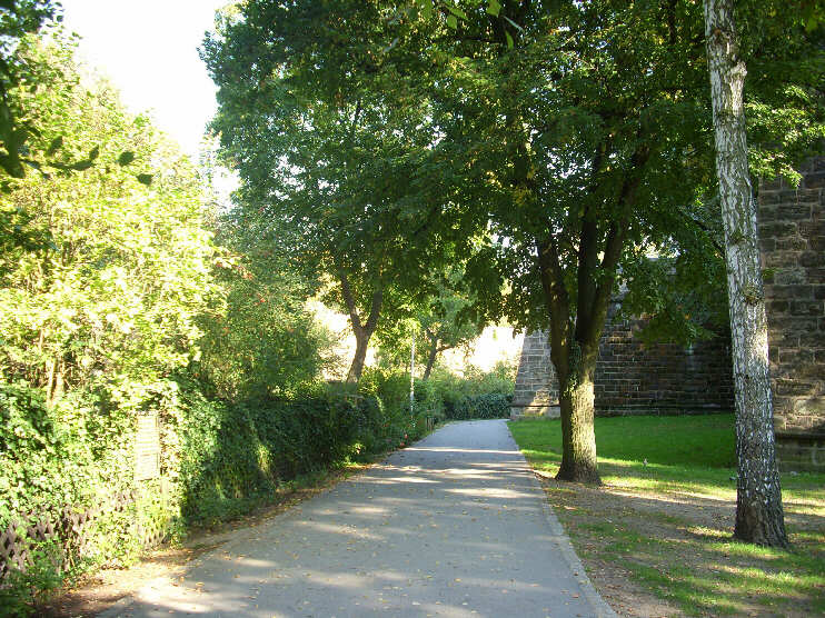 Der Weg durch den Burggraben führt an zahlreichen Kleingärten vorbei (September 2011)