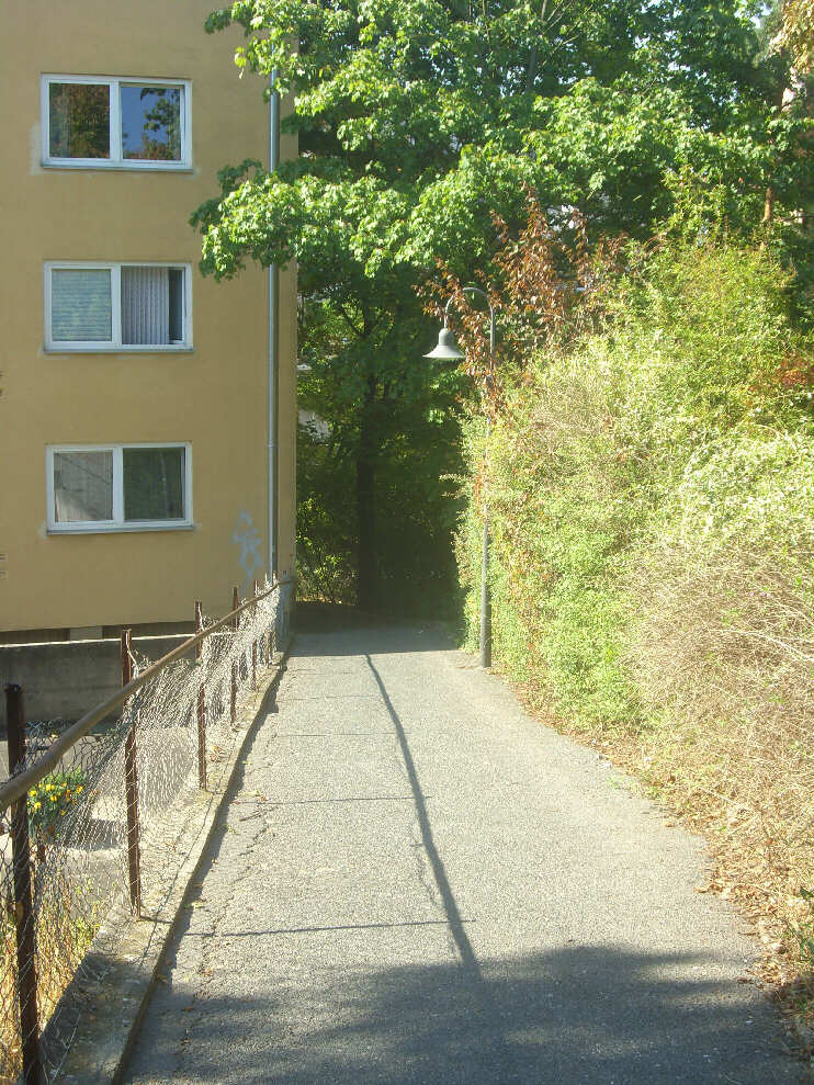 Steil bergab führt das Sträßchen «Am Johannisfriedhof» (August 2015)