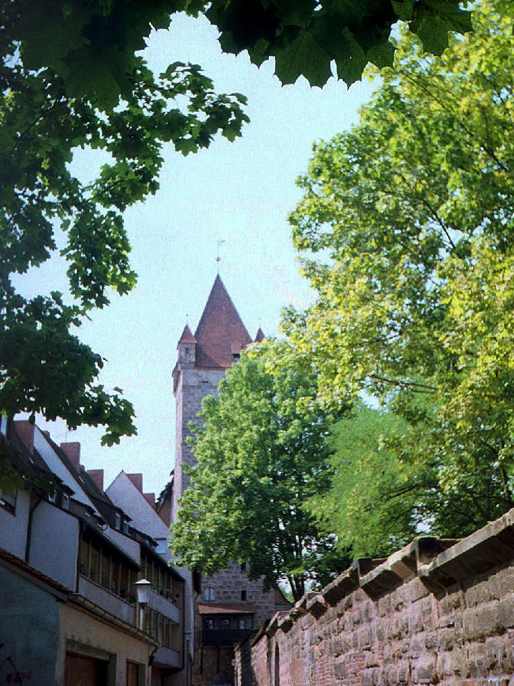Von Bäumen überschattet: Vestnertormauer mit Blick zum «Luginsland» (August 2002)